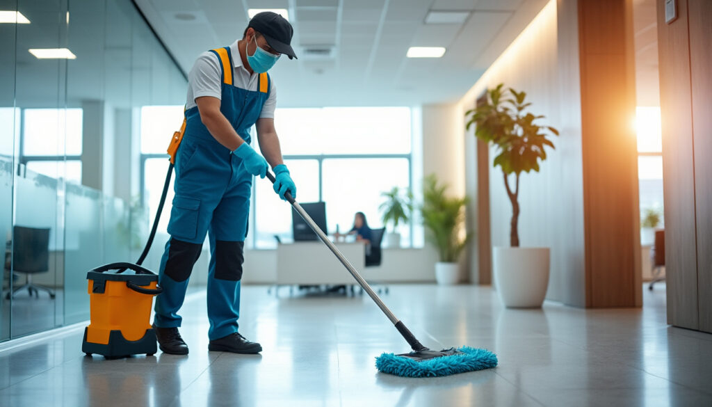 Agent d'entretien professionnel nettoyant des bureaux modernes