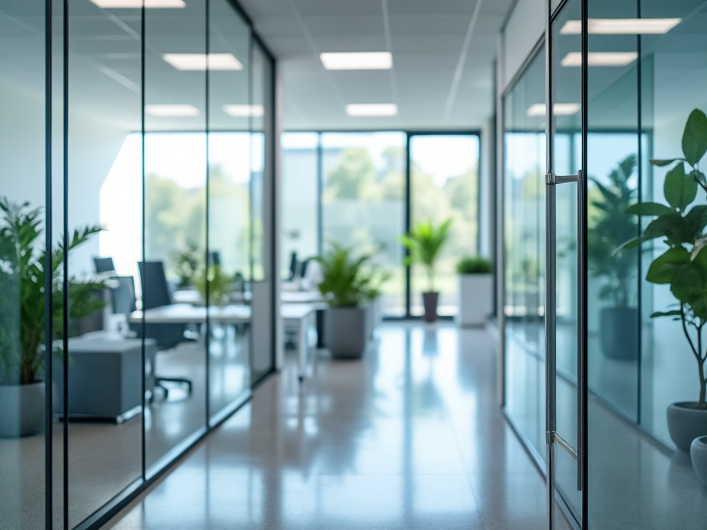 Nettoyage professionnel de vitrerie dans un bureau moderne