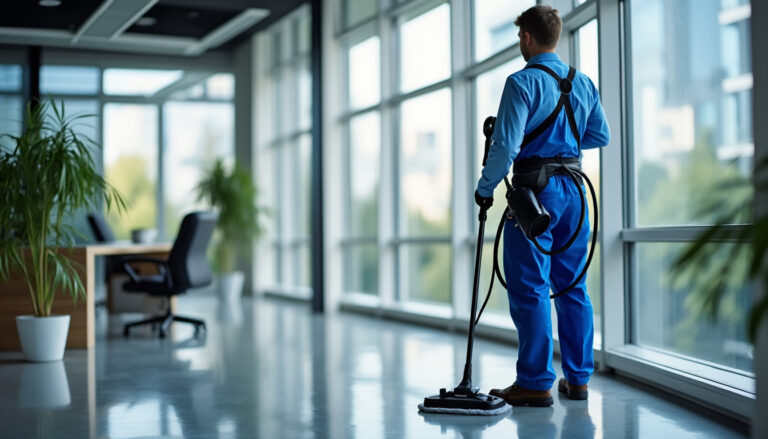 Agent d’entretien utilisant un nettoyeur magnétique pour vitres dans bureaux modernes