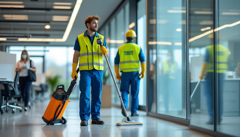 Agent d'entretien professionnel nettoyant des vitres dans un bureau moderne