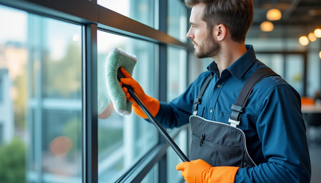 Agent d'entretien nettoyant des vitres dans des bureaux
