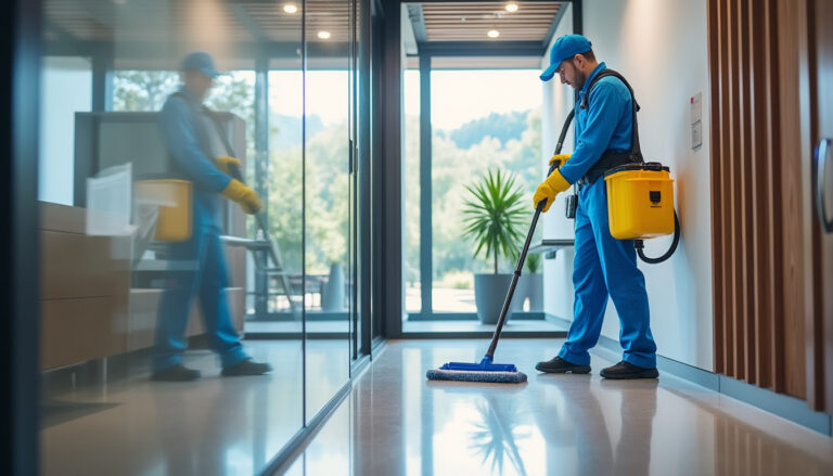 Agent d'entretien professionnel nettoyant des bureaux modernes à Grenoble