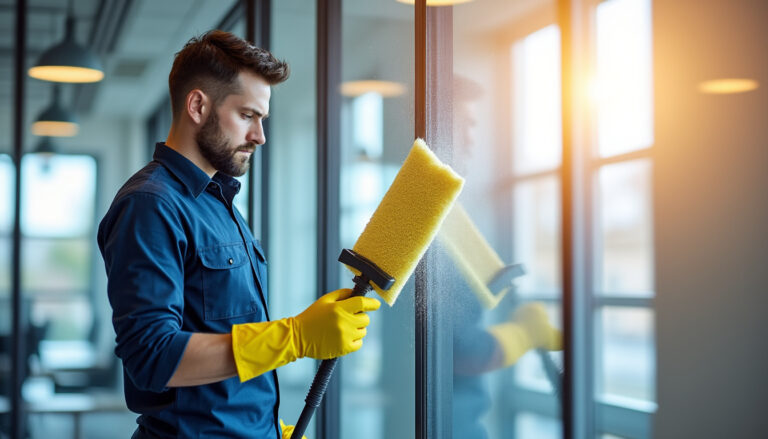 Agent d'entretien professionnel nettoyant des vitres dans un bureau moderne à Vitré