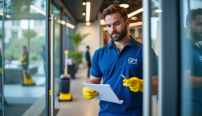 Agent d'entretien remplissant une fiche de traçabilité dans un bureau propre