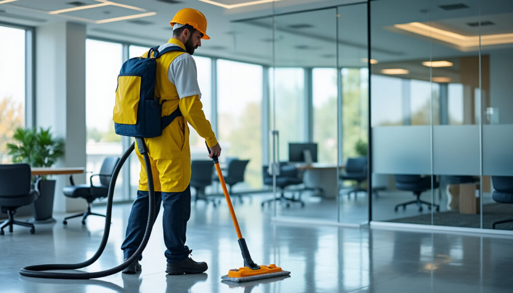 Agent d'entretien professionnel nettoyant des bureaux modernes