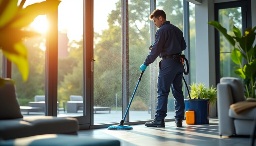 Agent professionnel nettoyant une baie vitrée d'une maison à domicile
