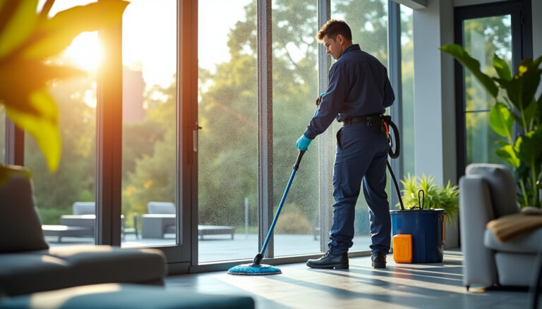 Agent professionnel nettoyant une baie vitrée d'une maison à domicile