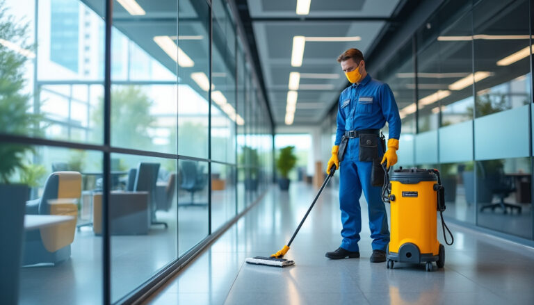 Agent d'entretien professionnel effectuant un nettoyage de vitres dans un bureau