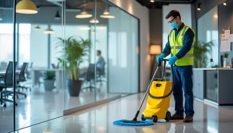 Agent de nettoyage professionnel en action dans un bureau lumineux