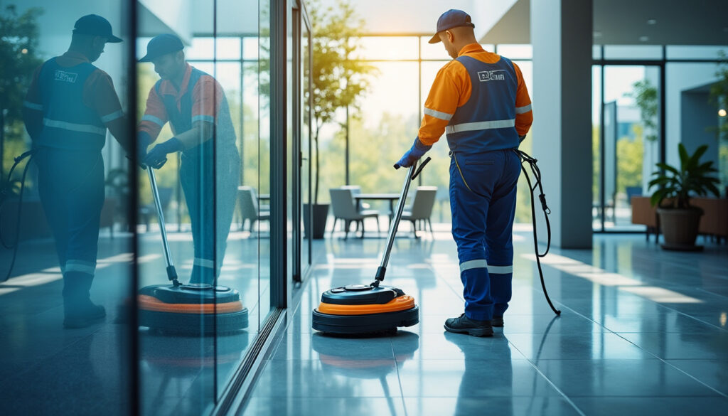 Agent d'entretien utilisant un robot lave-vitres professionnel sur façade vitrée