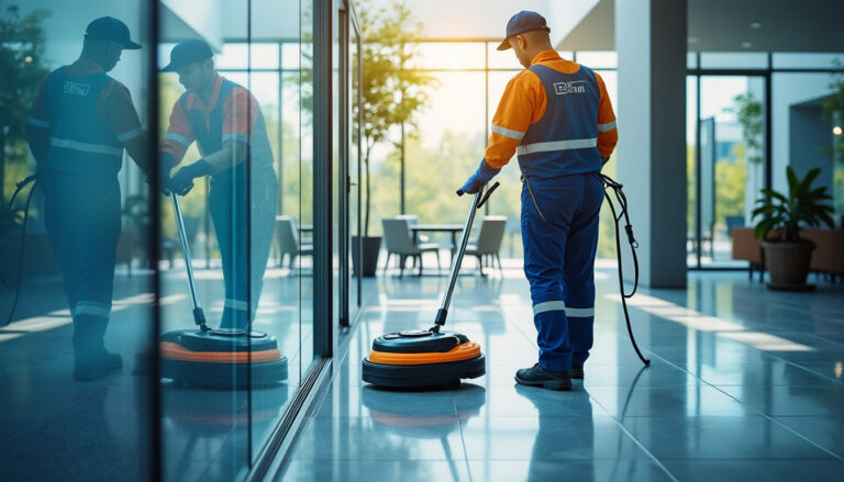 Agent d'entretien utilisant un robot lave-vitres professionnel sur façade vitrée
