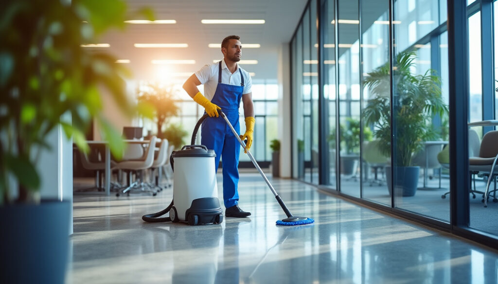 Agent de nettoyage professionnel lave des baies vitrées dans un bureau