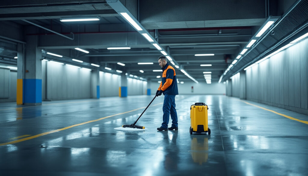 Agent de nettoyage professionnel effectuant le nettoyage d'un parking souterrain