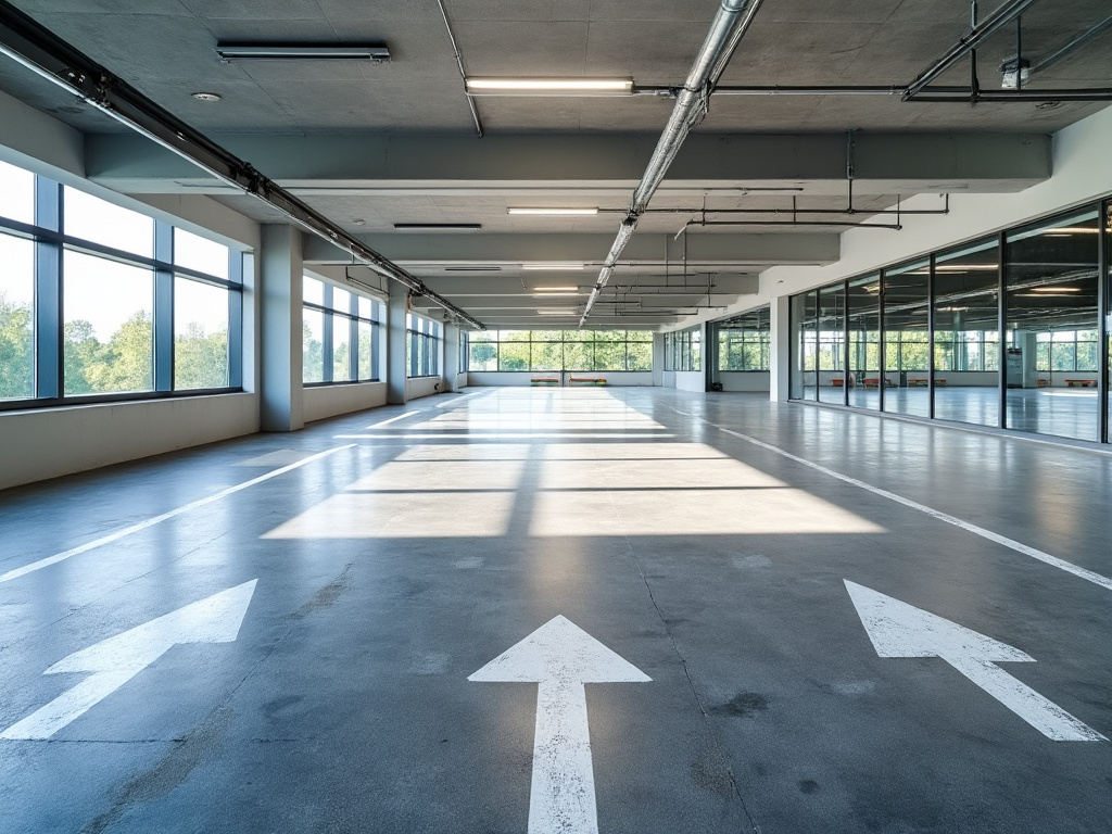Parking en extérieur avec sol béton légèrement sali