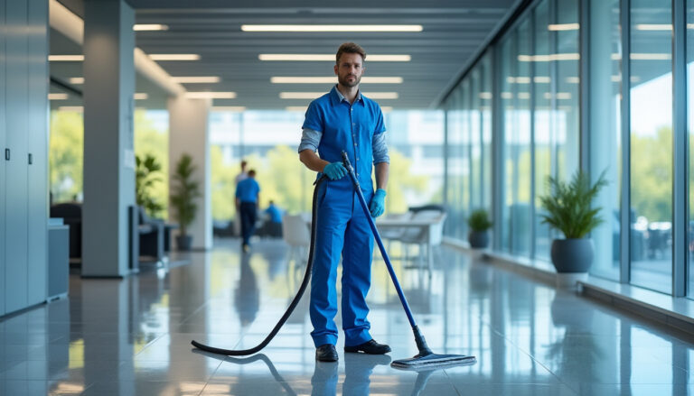 Agent d'entretien professionnel nettoyant une baie vitrée de bureau moderne