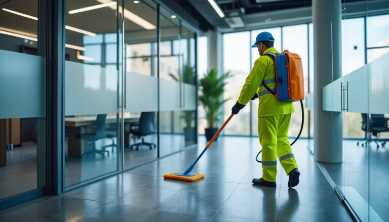 Agent d'entretien nettoyant des vitres de bureaux modernes